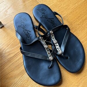 Brighton Black Leather T-Strap Sandals with Chain Detail